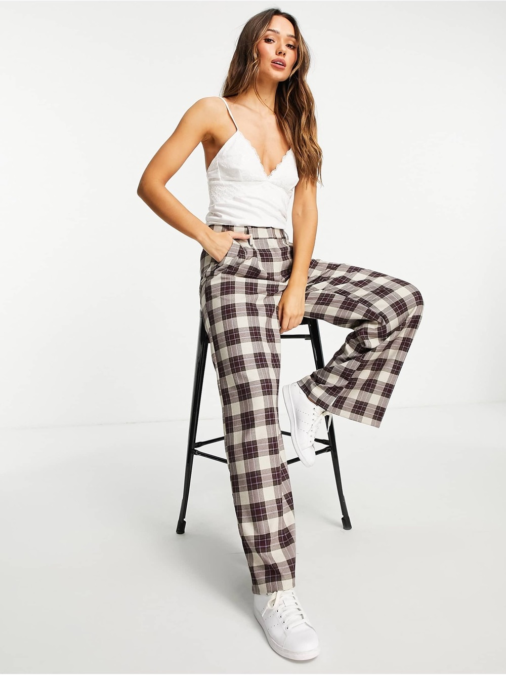 ASOS Burgundy Plaid Wide Leg Suit Trousers Size 0